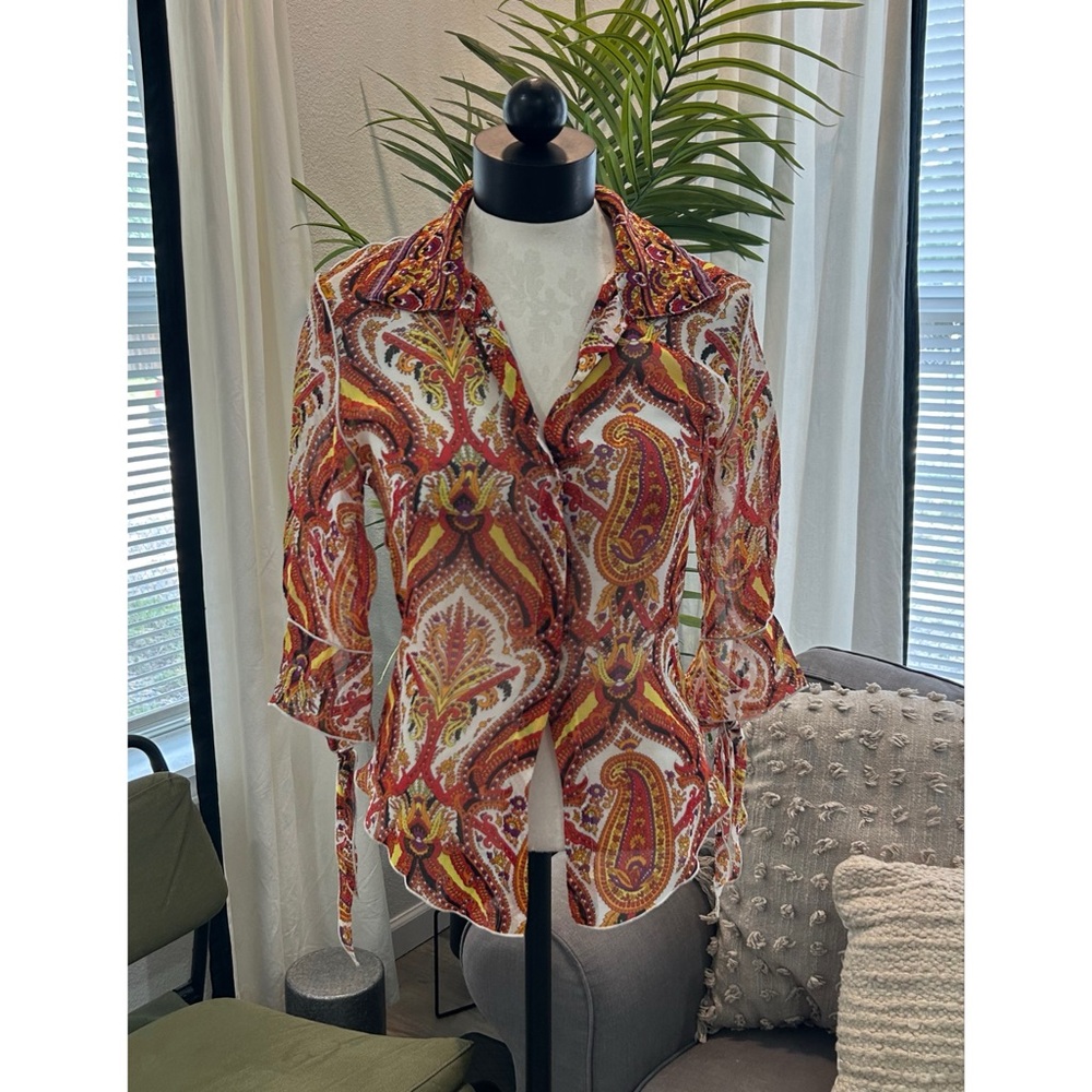 Esther Chen Silk Paisley Print Ruffle Button Down Quarter Sleeve Top 4 Vintage